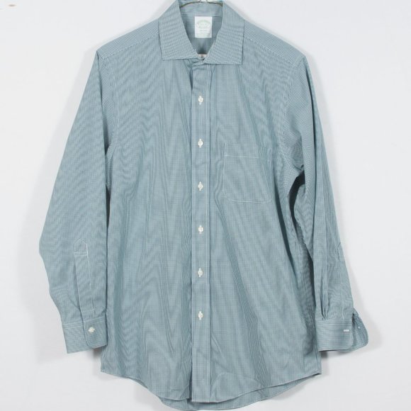 NWOT Brooks Brothers 15.5-32 Men's Dress Shirt Glue Green White Guncheck - Picture 2 of 6